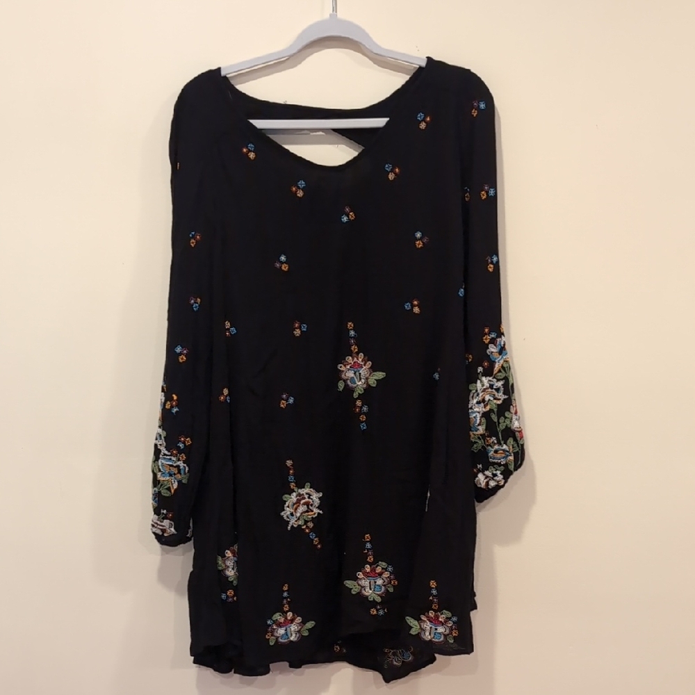 Free People Black and White Embellished Bishop Sleeve Dress